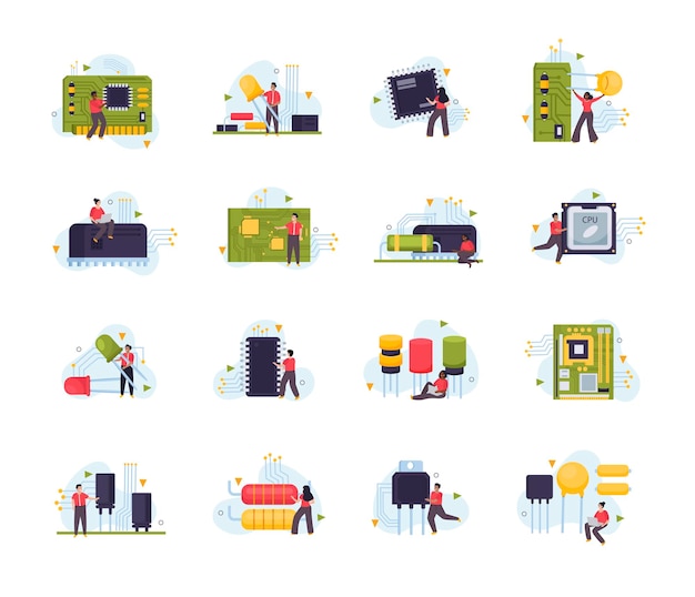 Vector microchip flat icons set with semiconductor microprocessor motherboard and tiny human characters isolated vector illustration