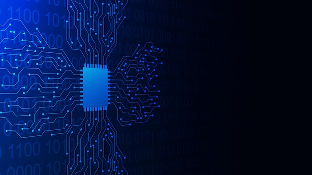 Microchip met printplaat en binaire code Quantum computer database grote gegevensverwerking