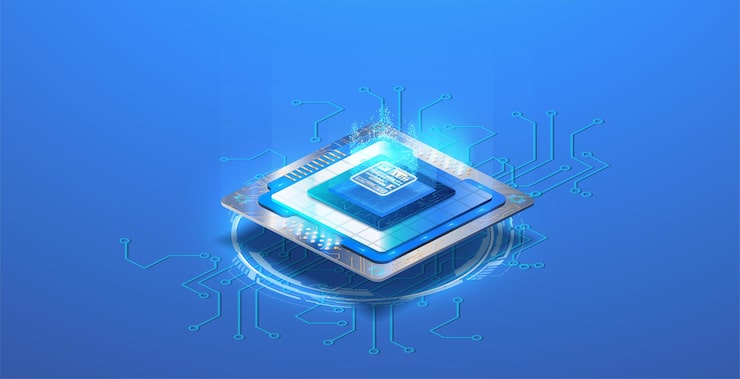Vector microchip or microprocessor hardware engineering futuristic microchip processor with lights on the blue background quantum computer large data processing database concept future technology