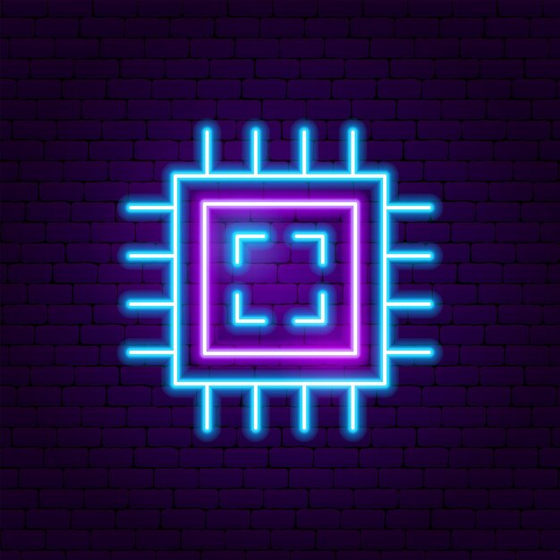Microchip Neon-label. Vectorillustratie van elektronica-promotie.