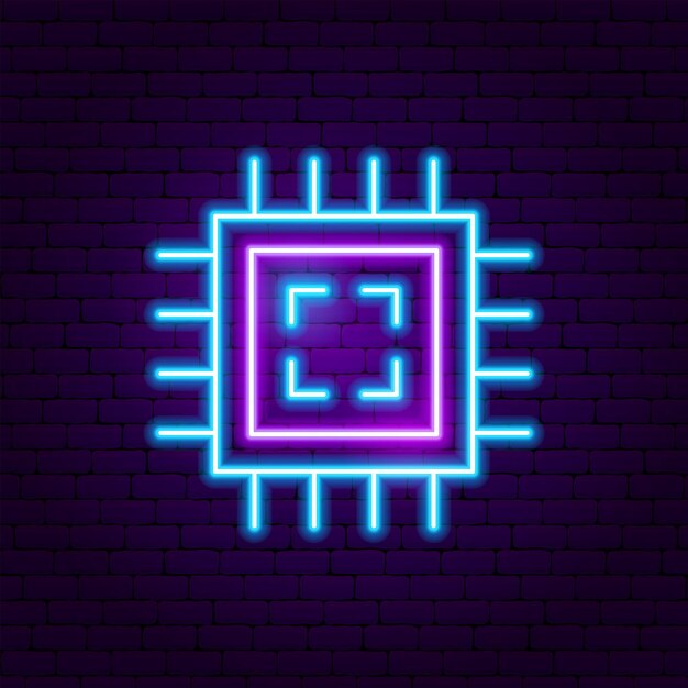 Microchip neon-label. vectorillustratie van elektronica-promotie.