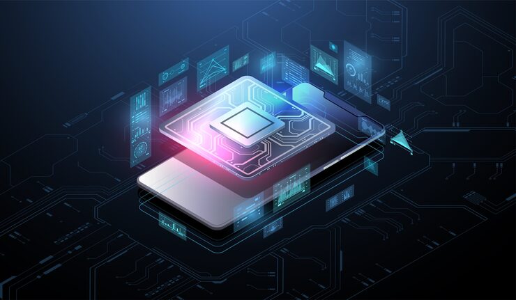Vector microchip processor with lights effects. cybernetic system, futuristic computing technology. analysis and scanning of the chip. cpu - big database, processing, rapid analysing. hud interface.