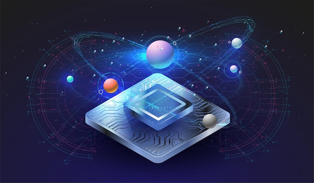 Microchip processor with lights effects. cybernetic system, futuristic computing technology.