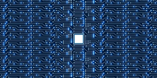 マイクロチップテクノロジーの背景、青いデジタル回路基板パターン