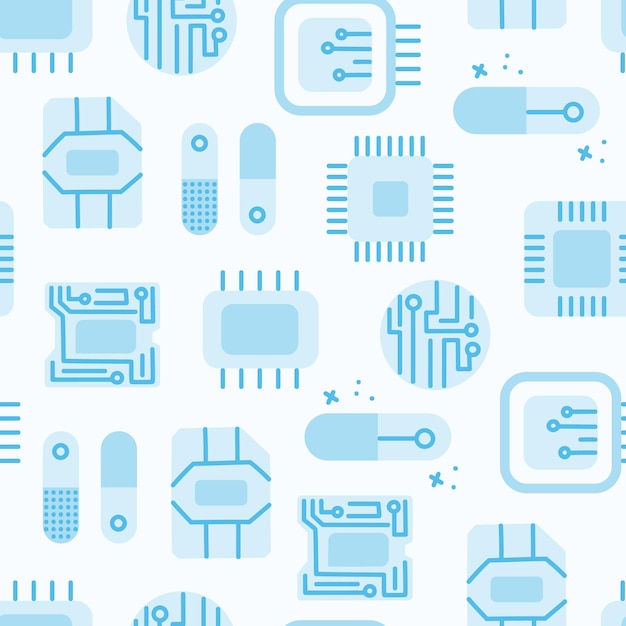 Vector microcircuits, electrical circuit, processor with central processor microcircuits. vector seamless pattern. circuit technology background with high tech digital data connection system.