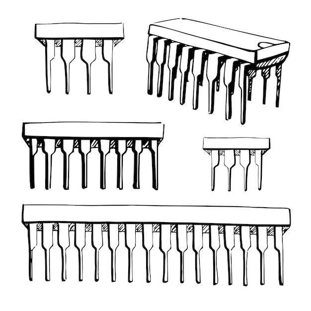 Microcontroller, elektronische component geïsoleerd op een witte achtergrond. Vectorillustratie in een schetsstijl.