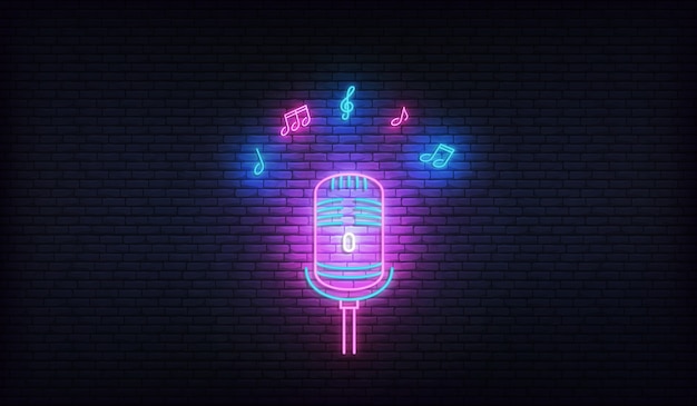 Microfoon met muzieknoten. Neon-sjabloon voor karaoke, livemuziek, talentenjacht.