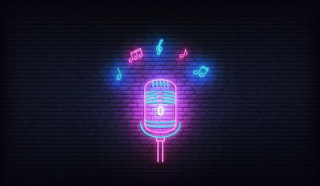 Microfoon met muzieknoten. neon-sjabloon voor karaoke, livemuziek, talentenjacht.