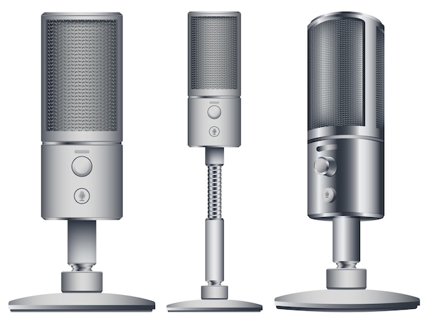 Microfoons in verschillende stijlen. Microfoonverzameling voor spraakopname.