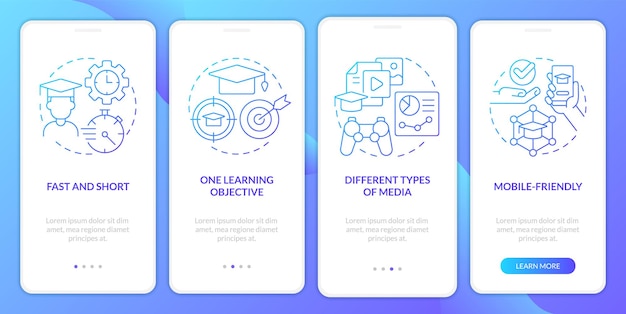 Caratteristiche di microlearning schermata dell'app mobile onboarding gradiente blu