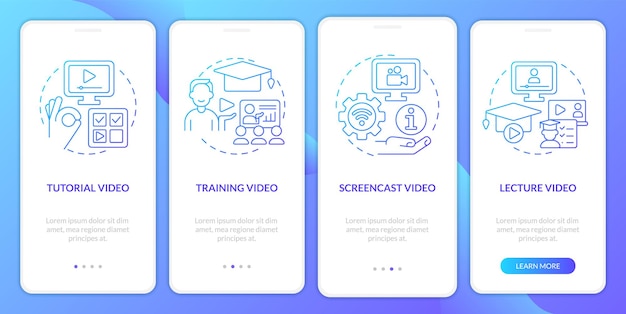 온라인 교육 그래디언트 온보딩 모바일 앱 화면의 마이크로러닝 비디오