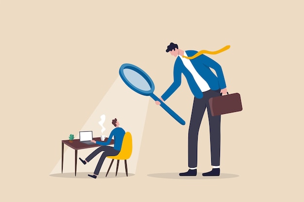 Micromanage boss, toxic manager monitoring every details, excessive supervision and control of employee work and processes, micromanager boss using magnifying glass keep looking at employee working.