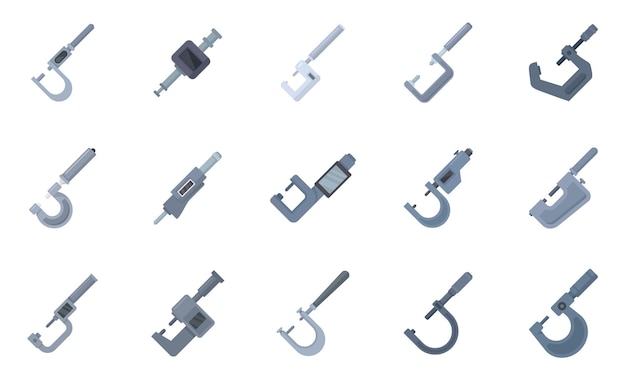 Micrometer icons set flat vector engineering gauge