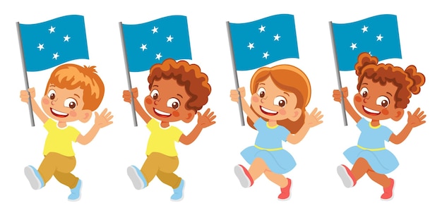 Micronesia flag in hand. Children holding flag. National flag of Micronesia