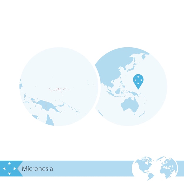ベクトル ミクロネシアの旗と地域地図を備えた世界のミクロネシア。ベクトルイラスト。