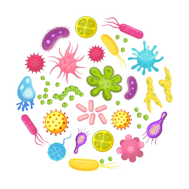 微生物、バクテリア、ウイルス細胞、病菌、真菌細胞。