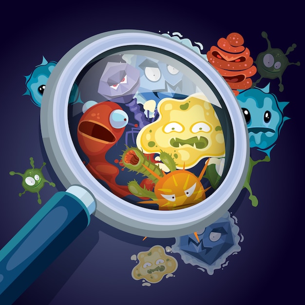 Microorganism, microscopic bacteria, pandemic virus, epidemic germs under magnifying glass