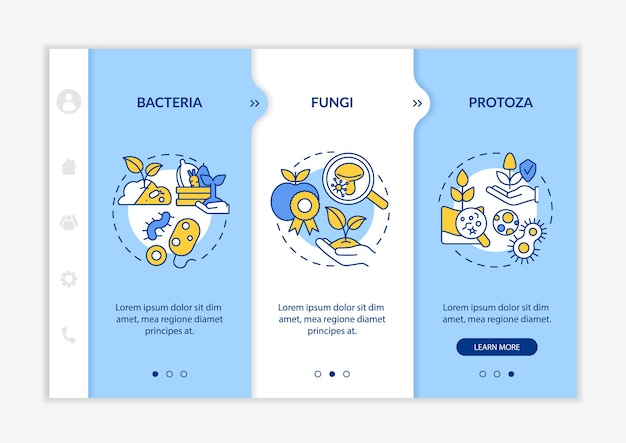 Microorganisms in agriculture blue and white onboarding template. Responsive mobile website with linear concept icons. Web page walkthrough 3 step screens. Lato-Bold, Regular fonts used