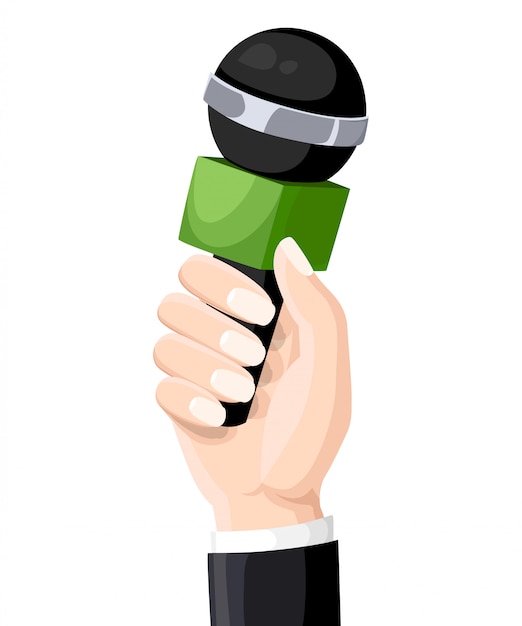 Vector microphon in reporter hands. microphon  on white background. television, interview.   illustration.