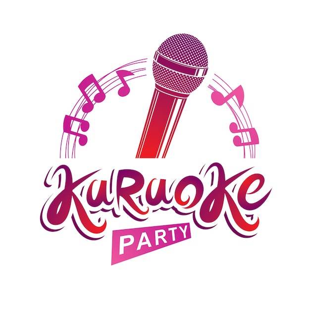 Microphone audio equipment composed with musical notes, can be used as vector emblem for karaoke party advertising and nightclub discotheque invitation poster.