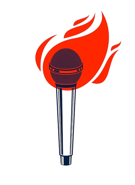 Микрофон в огне, горячий микрофон в огне, музыка в стиле рэп-баттл, караоке-пение или стендап-комедия, векторный логотип или иллюстрация, этикетка концертного фестиваля или ночного клуба, принт на футболке.