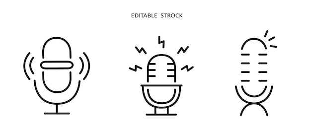Microphone outline icon set Voice record simbols Audio mic logo Vector podcast radio icons Microphone line illustrations for podcast interview Editable stroke