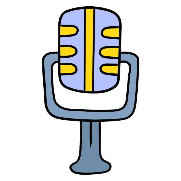 Podcast di registrazione del microfono, emoticon di cartoni animati. disegno dell'icona di doodle, illustrazione vettoriale