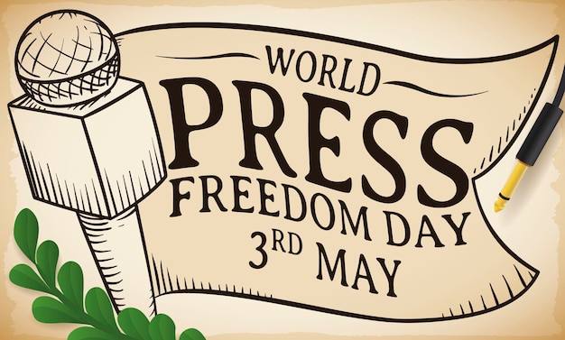 Microphone and ribbon drawings in greeting scroll and olive branch for World Press Freedom Day