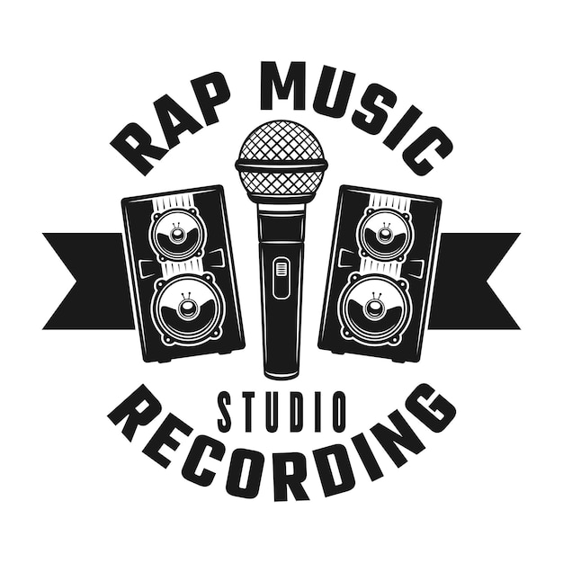 Vector microphone and two speakers vector rap music emblem, badge, label or logo in vintage monochrome style isolated on white background