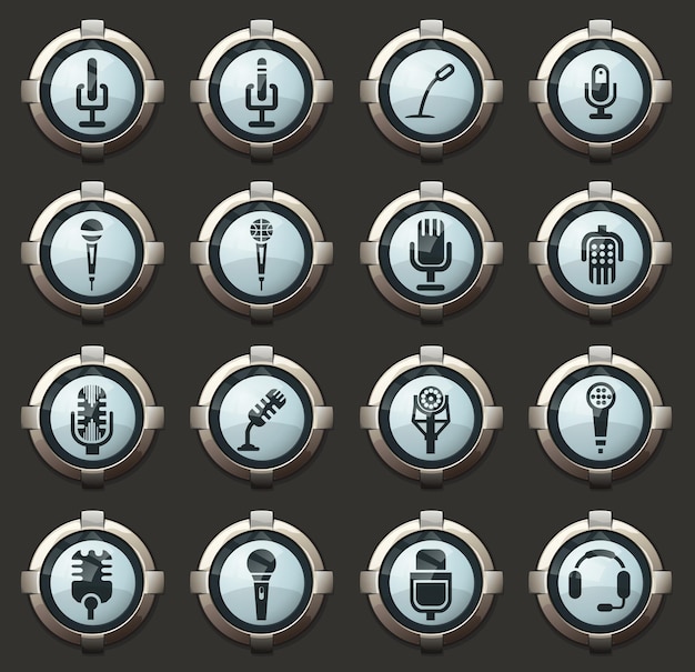 Векторные иконки микрофона в стильных круглых кнопках для мобильных приложений и интернета