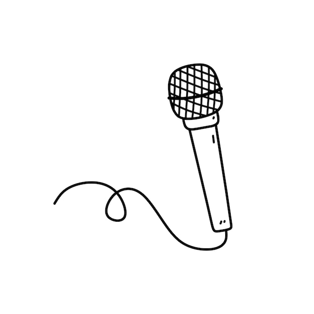 Vector microphone with wire isolated on white background hand drawn illustration in doodle style