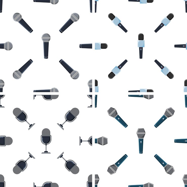 Vector microphones creating a seamless pattern on white background