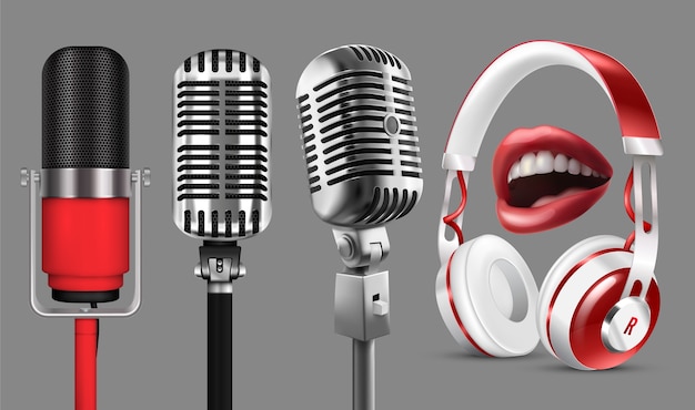Microphones, headphones, and lips illustration.