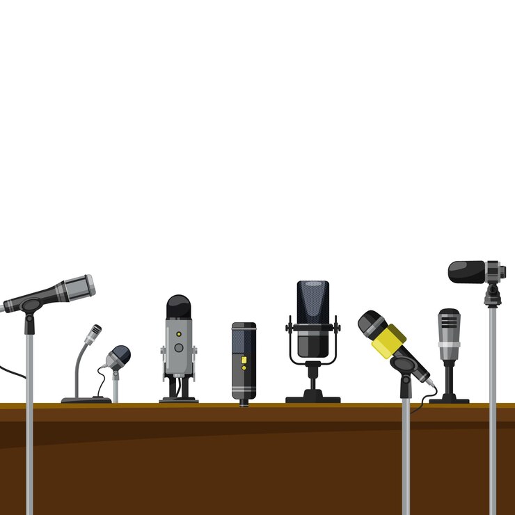 Vector microphones interview place with different audio gadgets