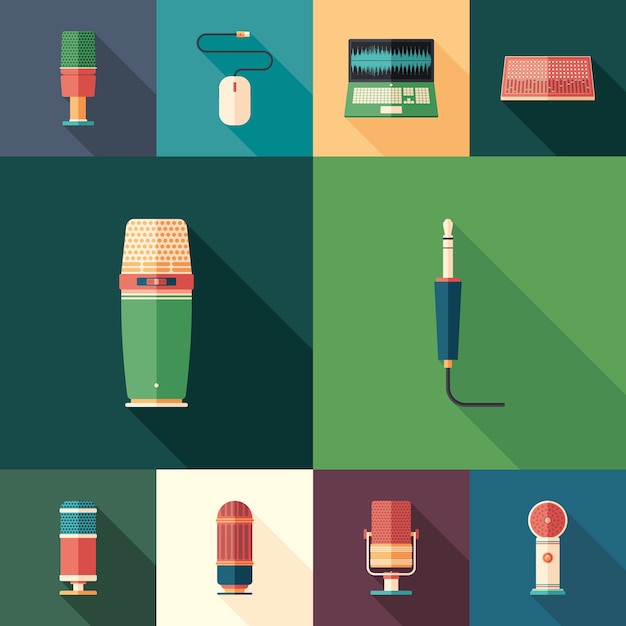 Microphones and sound set of flat square icons.
