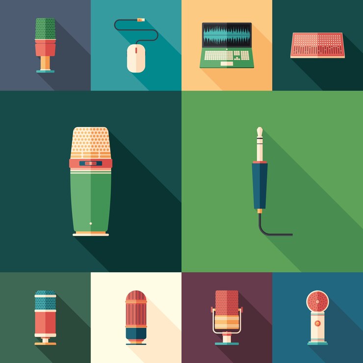 Vector microphones and sound set of flat square icons.