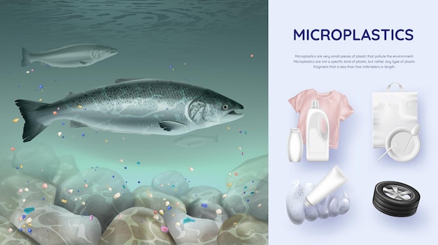 Microplastics in oceaan realistische afbeelding met vissen, vervuild water en microplastic bronnen