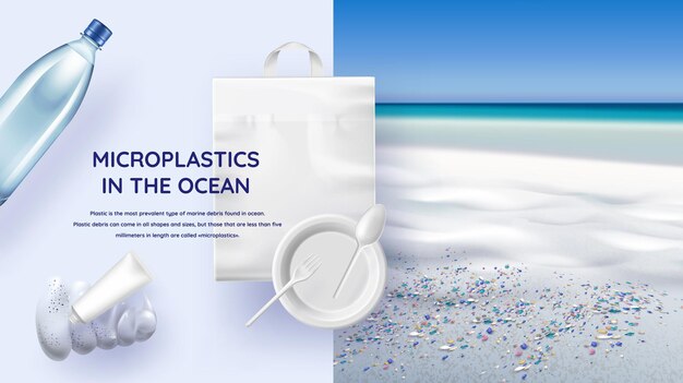 Microplastics in oceaan realistische afbeelding met zeekust, vervuild water en microplastic bronnen