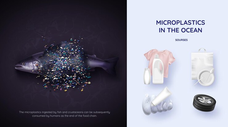 Vector microplastics in ocean   realistic illustration with fish, contaminated water and microplastic sources