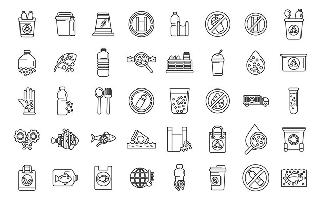 Vector microplastics pollution icons set outline vector fish environment plastic ocean dirty recycle