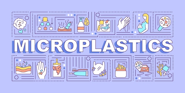 Insegna di concetti di parola di microplastiche. problema del riscaldamento globale. responsabilità ambientale. infografica con icone lineari su sfondo viola. tipografia isolata. contorno illustrazione a colori rgb