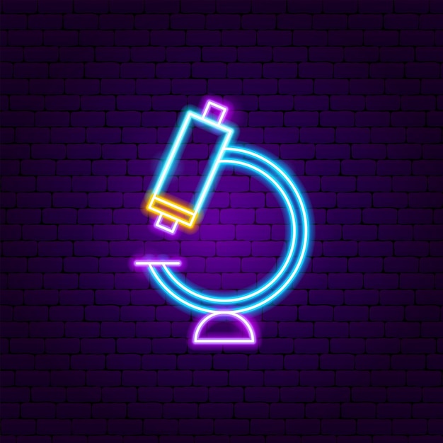 Microscoop Neon Label. Vectorillustratie van wetenschapspromotie.