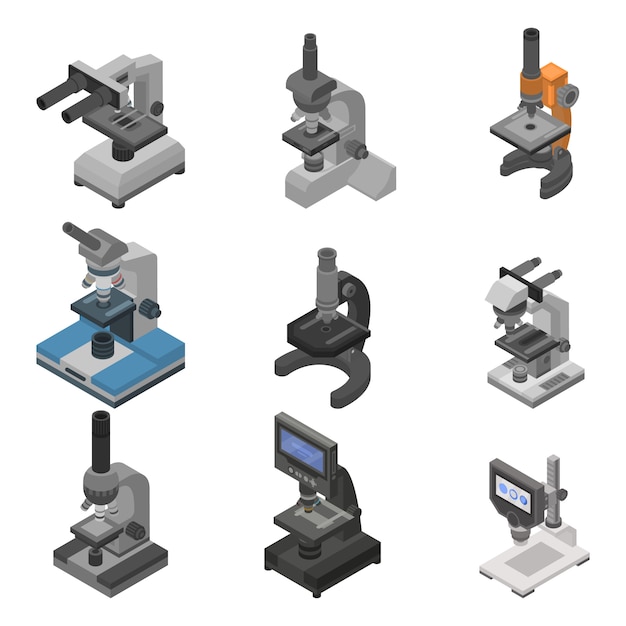 현미경 아이콘 세트입니다. 흰색 배경에 고립 된 웹 디자인을위한 현미경 벡터 아이콘의 아이소 메트릭 세트