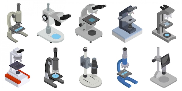 Вектор Микроскоп изометрические установить значок. иллюстрация лабораторное оборудование на белом фоне. изометрические набор значок микроскопа.