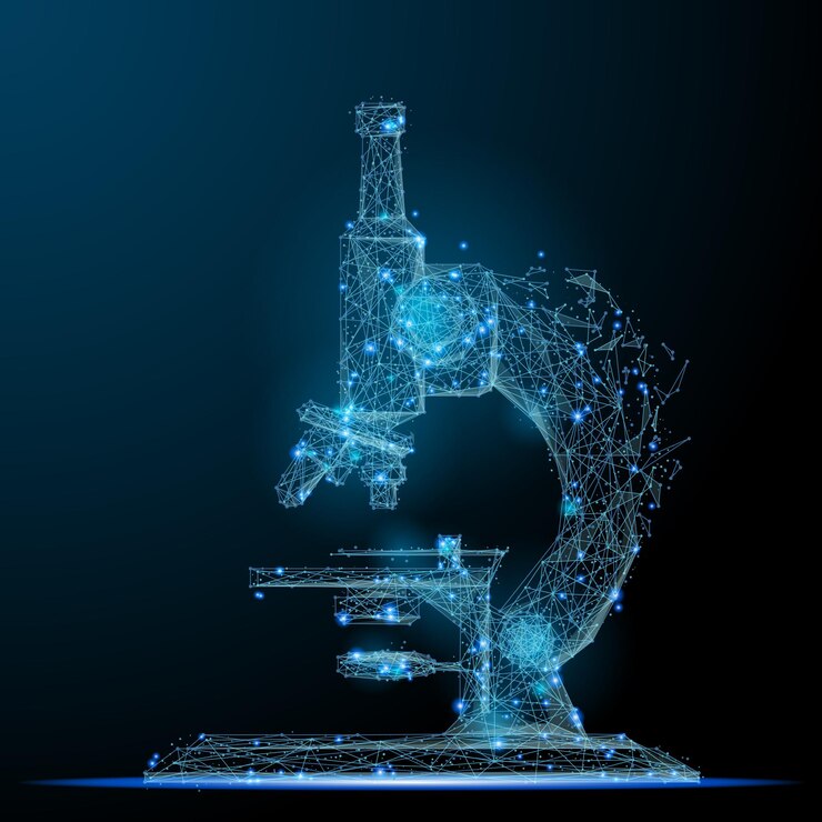 Vector microscope low poly blue abstract image of a microscope in the form of a starry sky or space