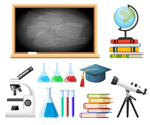 Микроскоп, телескоп, пробирки и глобус на книгах. концепция исследования для школ, колледжей и университетов. мультяшный стиль. иллюстрация на белом фоне