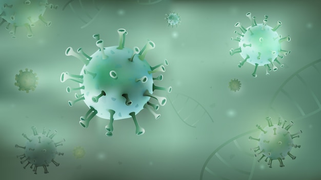 Vettore particelle e dna microscopici del virus su fondo verde chiaro con lo spazio della copia