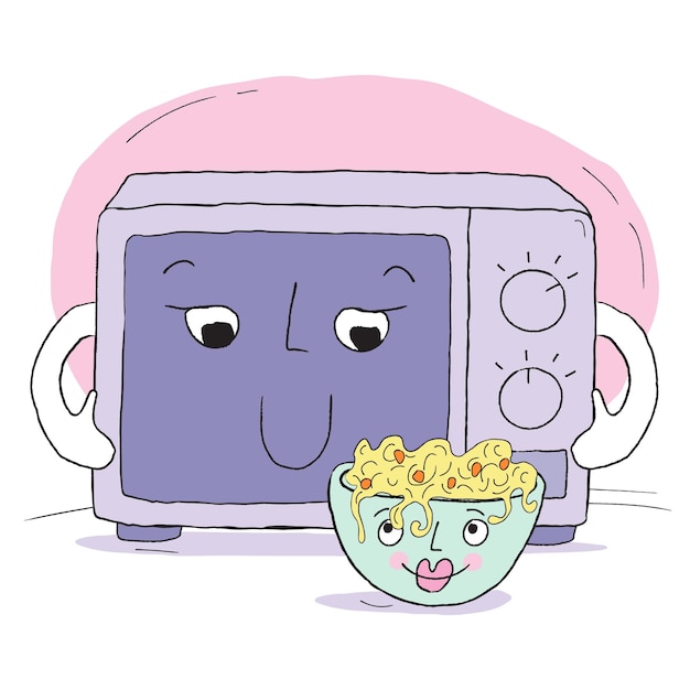 Microwave, bowl of noodles with eyes smile to each other