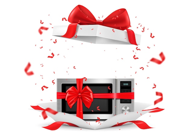 Microwave with red ribbon and bow inside open gift box Gift concept Kitchen appliances Isolated 3d vector illustration 3D rendering