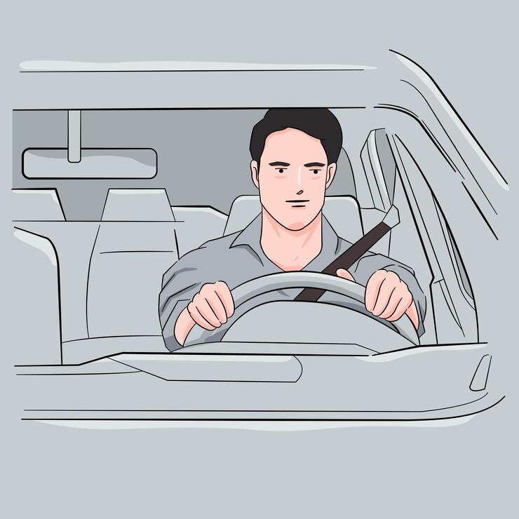 Vector mid adult man smiling while driving car happy man feeling comfortable sitting on driver seat